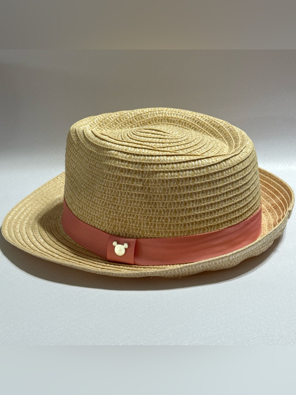 Disney Parks Exclusive Straw Fedora Hat Tan/Coral/Pink Ribbon w/Mickey Adult